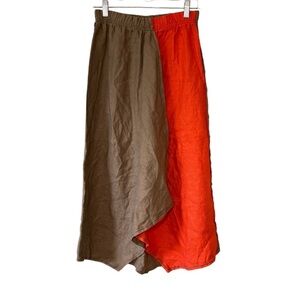 Xiao Linen Color-block Assymetric Skirt Tan & Orange Sz Small